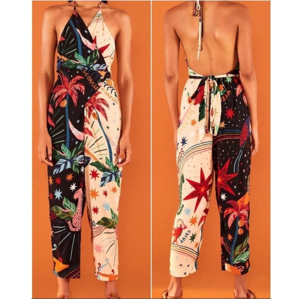 Farm Rio NWT Macacao Patch Zodiac Halter Jumpsuit Multi Color Astrological GG XL